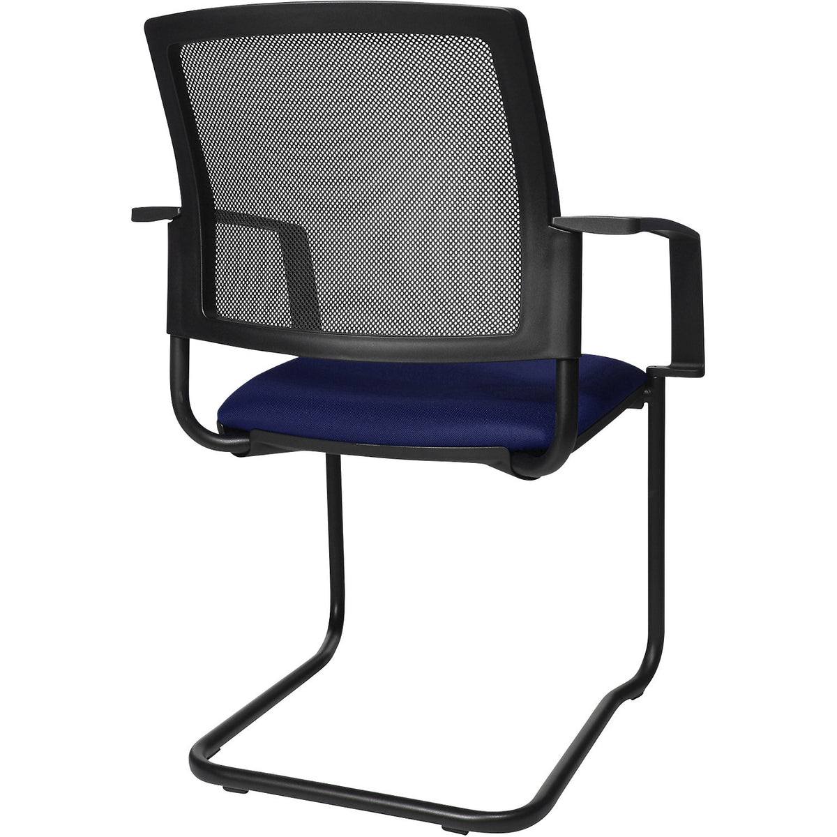 Mesh stacking chair, cantilever chair, pack of 2, blue seat, black frame.