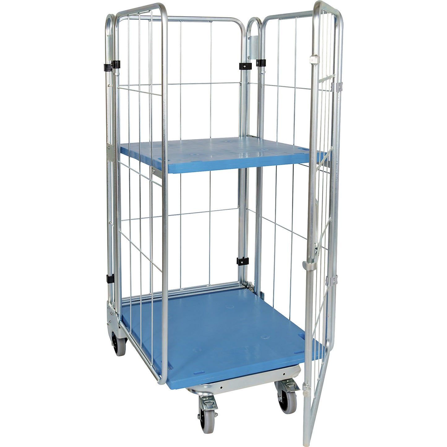 Roll container, nestable, 4-sided, with plastic base, HxWxD 1770 x 729 x 818 mm, with 1 shelf.