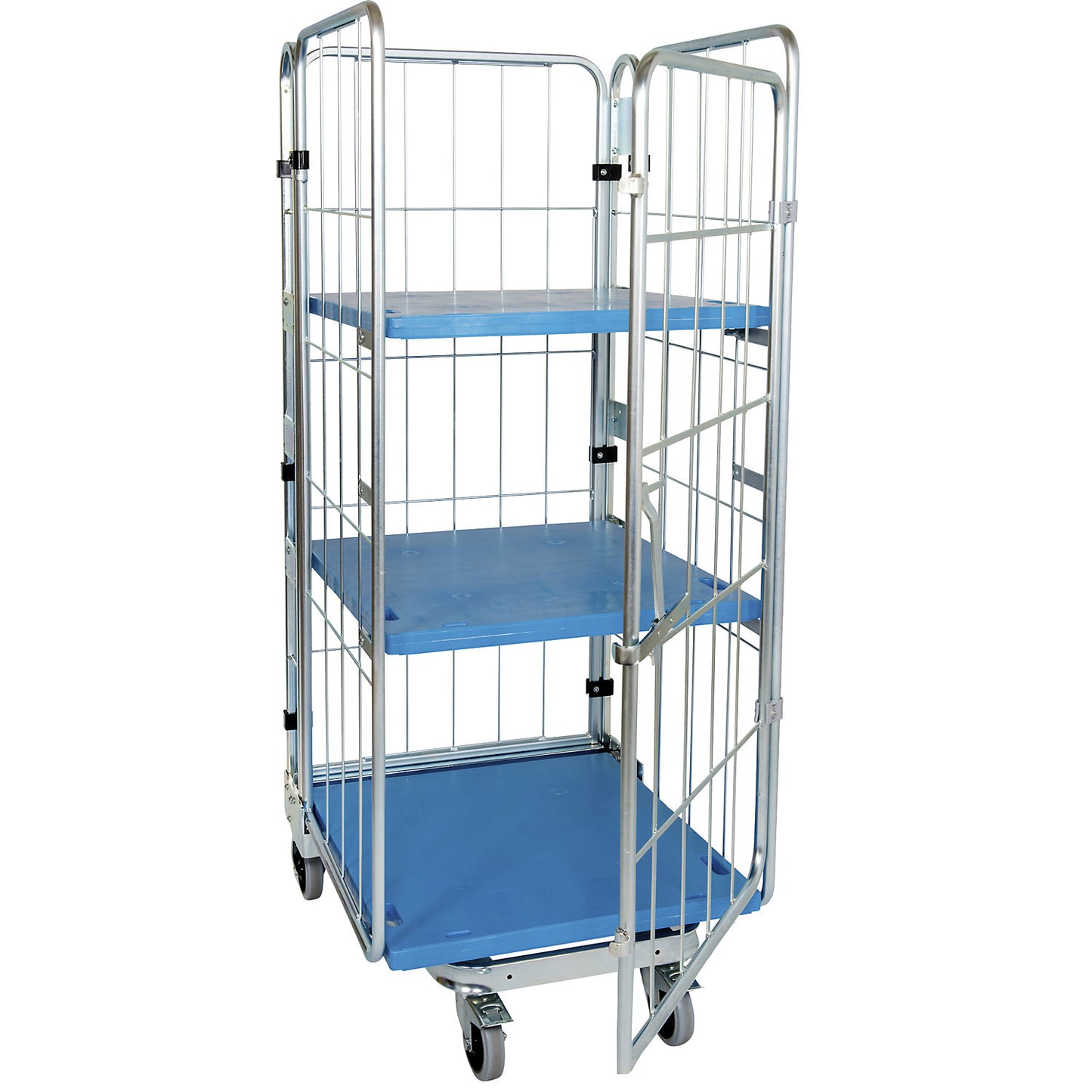 Roll container, nestable, 4-sided, with plastic base, HxWxD 1770 x 729 x 818 mm, with 2 shelves.
