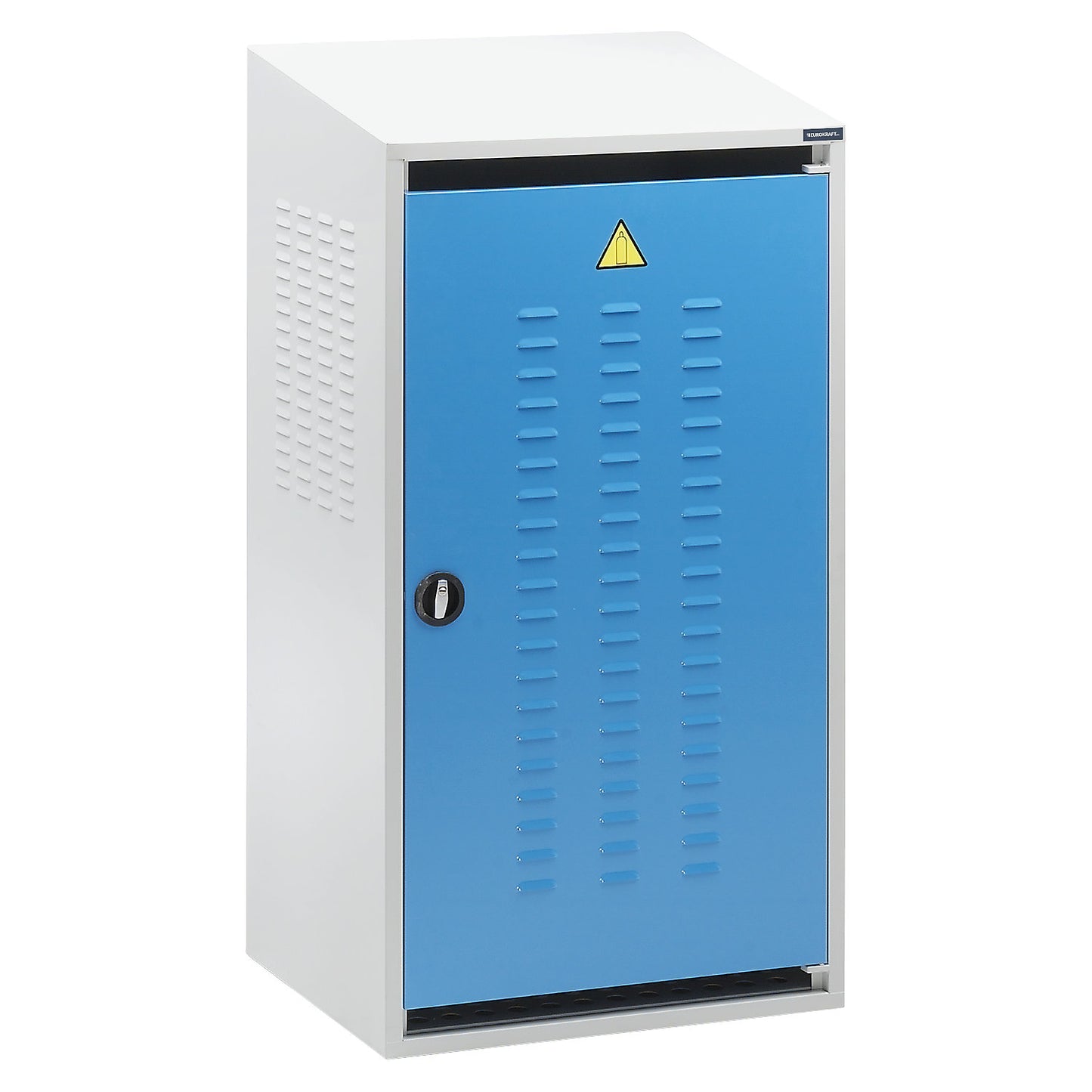 Gas cylinder cupboard, 1 door, height at back 1600 mm, front 1500 mm.