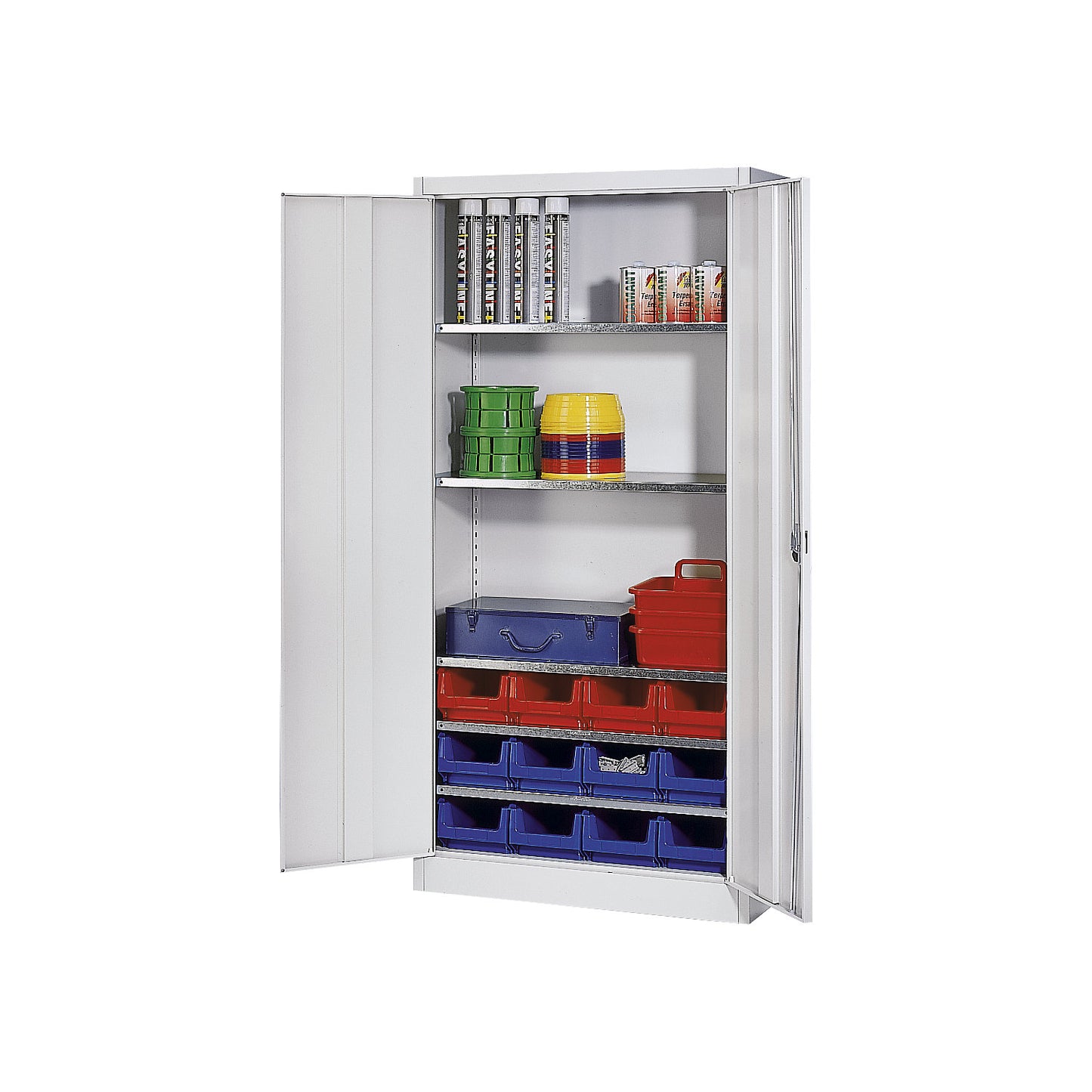 Storage cupboard, single colour, with 12 open fronted storage bins, 5 shelves, grey.