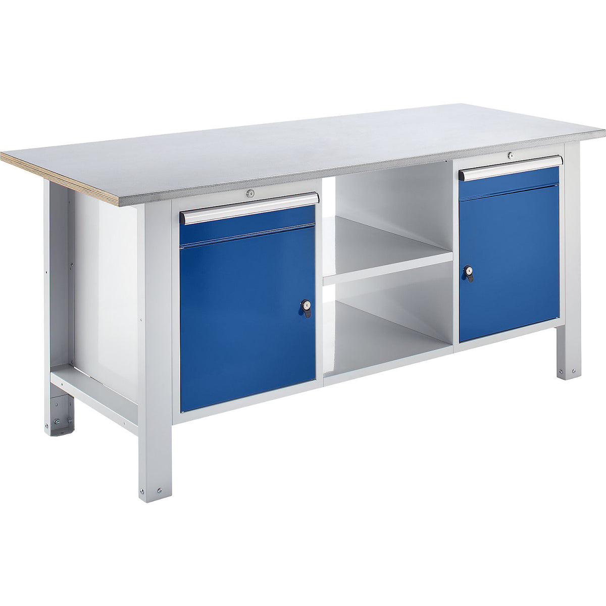 Workbench, modular system, worktop width 1850 mm, 2 drawers, 2 doors, sheet steel covered worktop.