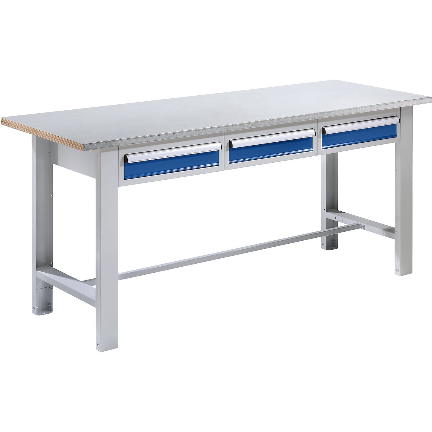 Workbench, modular system, worktop width 1850 mm, 3 drawers, sheet steel covered worktop.