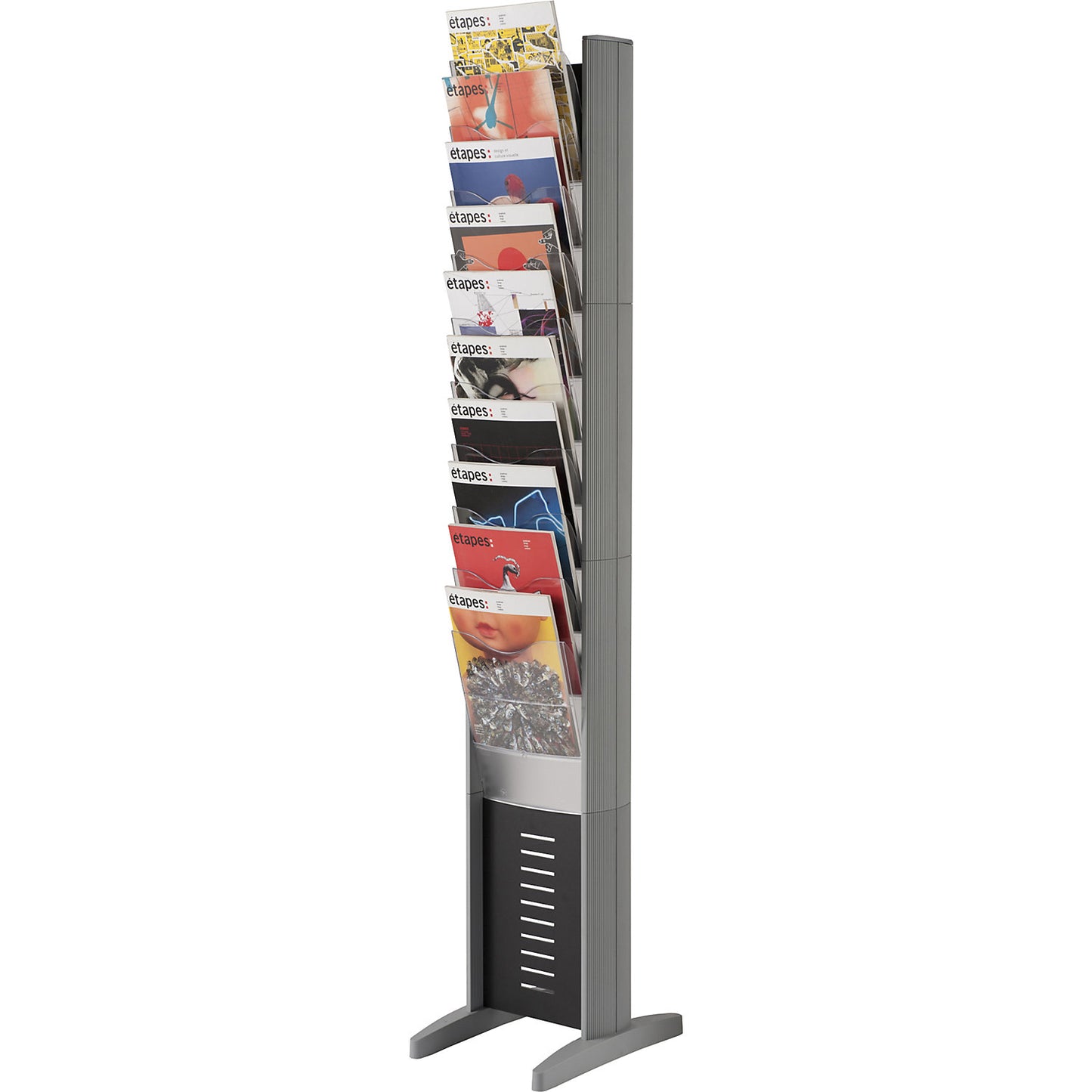 Brochure display stand, stationary, 10 lockers, HxWxD 1620 x 300 x 385 mm, aluminium silver.