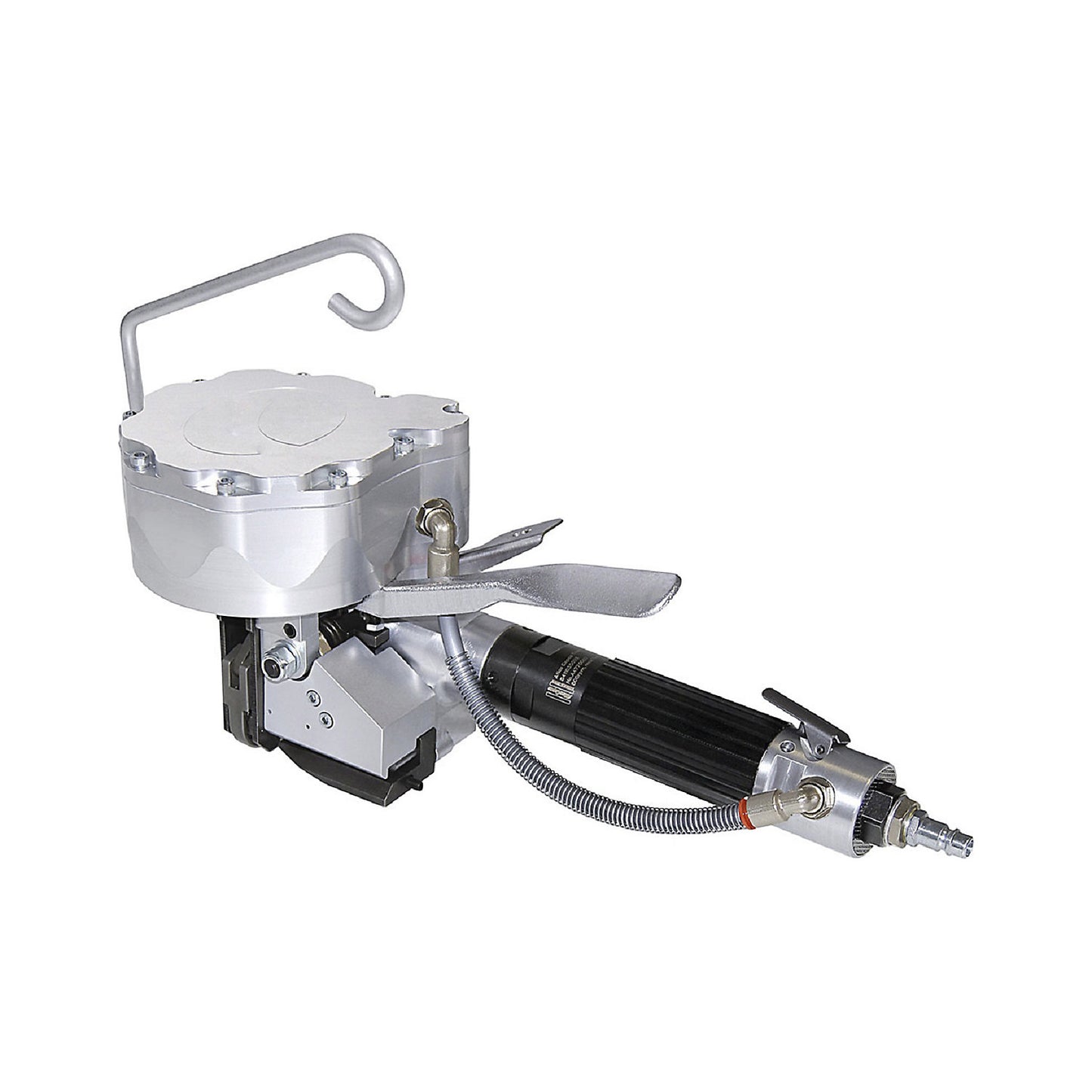 Tensioning and sealing device for steel strapping, pneumatic, for strap width 16 mm.