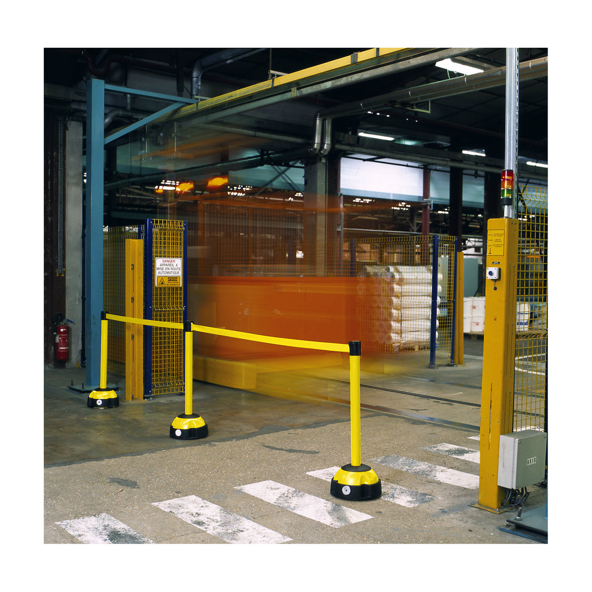 Belt barrier, warning stand, extension length 5000 mm, post yellow, belt yellow.