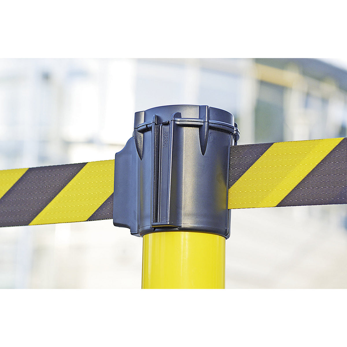 Belt barrier, warning stand, extension length 3000 mm, pack of 2, post yellow, belt yellow/black.