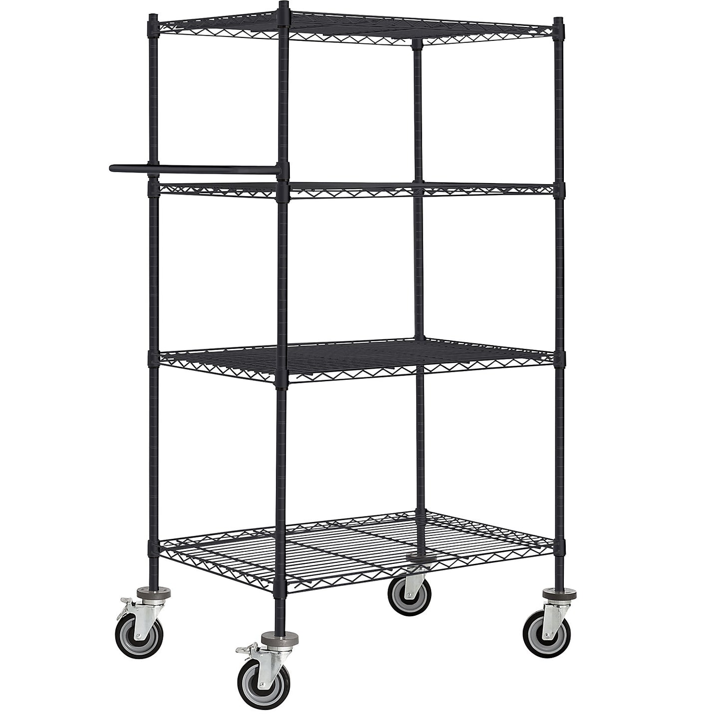 Wire mesh table trolley, black, with 4 shelves, LxWxH 910 x 610 x 1670 mm.