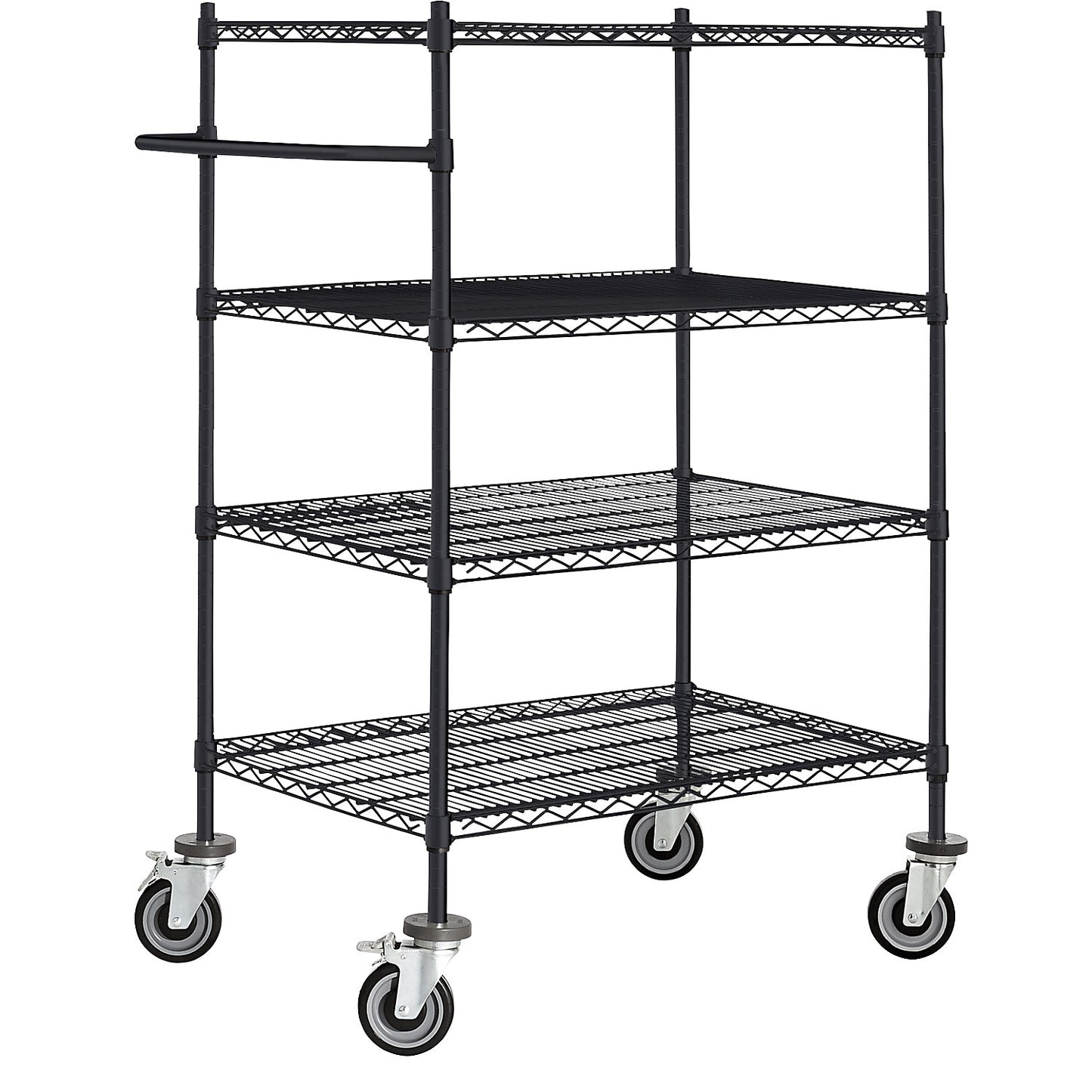 Wire mesh table trolley, black, with 4 shelves, LxWxH 910 x 610 x 1350 mm.