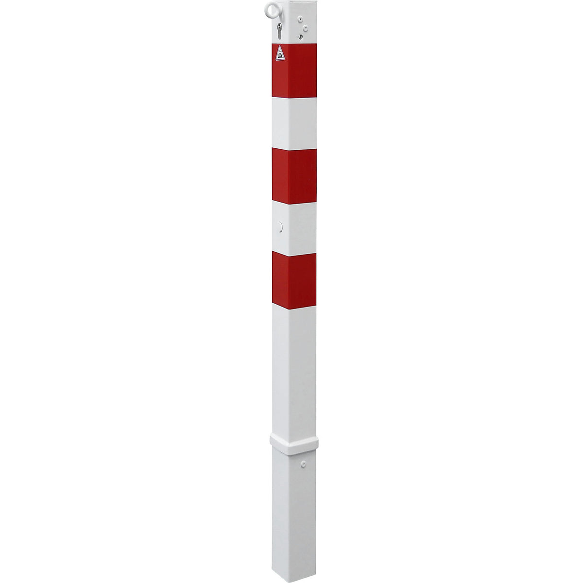 Barrier post, 70 x 70 mm, removable, one eyelet, with profile cylinder, white/red.