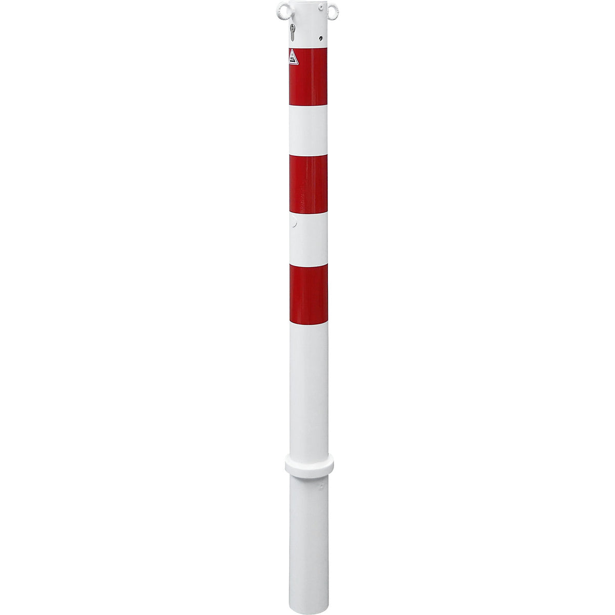 Barrier post, Ø 76 mm, white / red, removable with profile cylinder, with 2 eyelets.