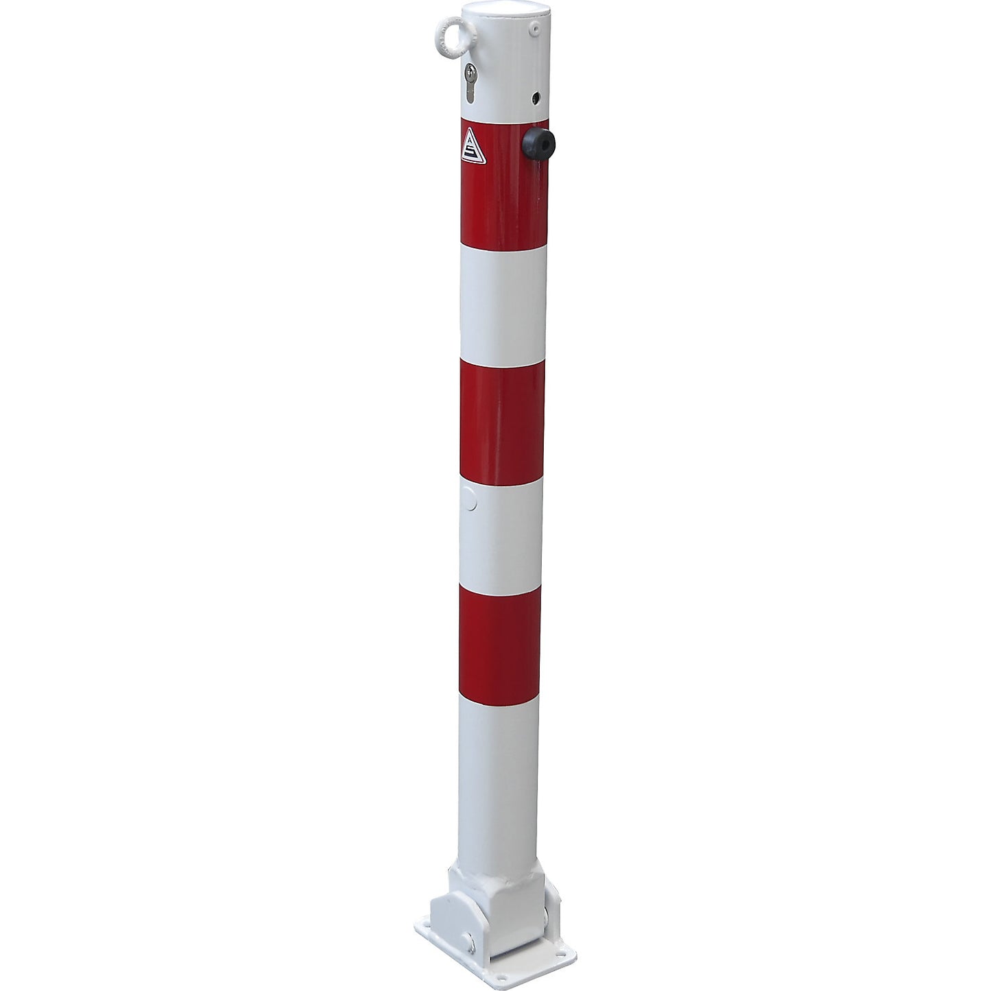 Barrier post, Ø 76 mm, white / red, folding with profile cylinder, with 1 eyelet.