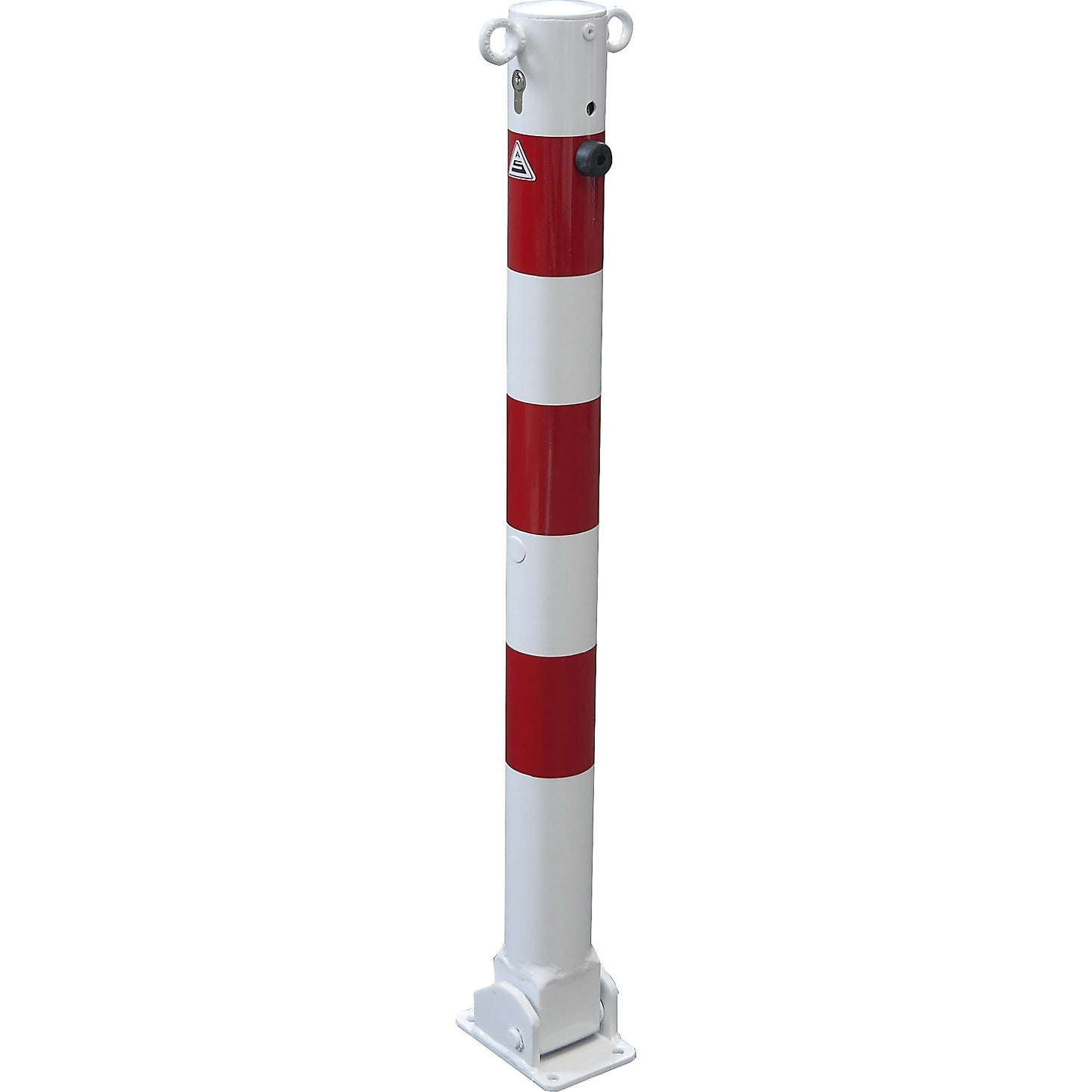 Barrier post, Ø 76 mm, white / red, folding with profile cylinder, with 2 eyelets.