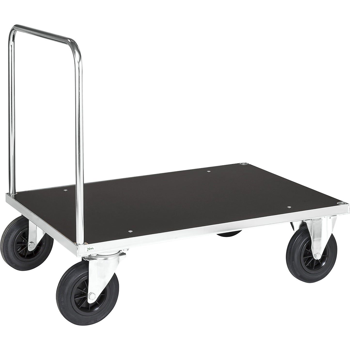 Zinc plated platform truck, 1 push handle, LxW 1200 x 800 mm, 2 swivel castors and 2 fixed castors.