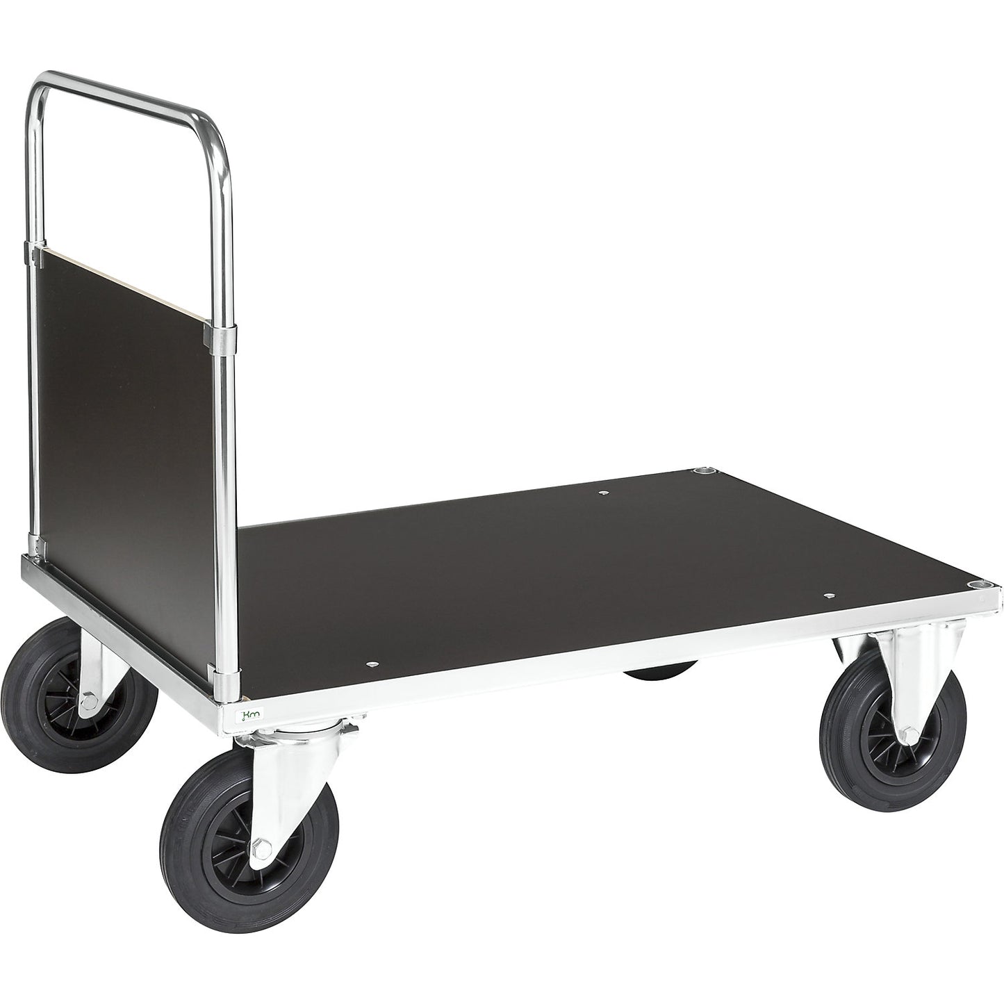Zinc plated platform truck, 1 end panel, LxW 1200 x 800 mm, 2 swivel castors and 2 fixed castors.
