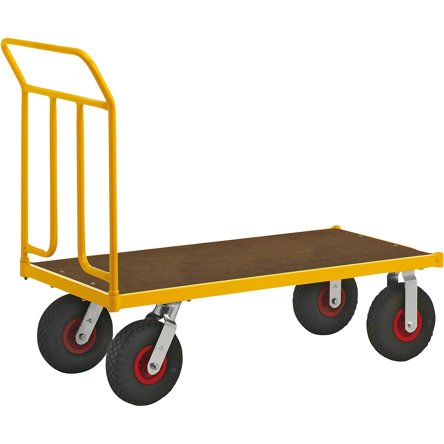 KM144 platform truck, LxWxH 1336 x 650 x 1090 mm, 2 swivel castors and 2 fixed castors.