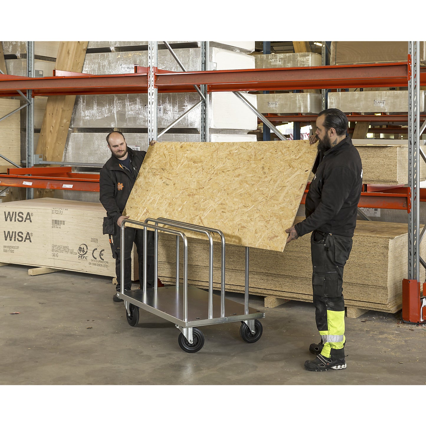 Heavy duty plate truck, incl. 2 bars, LxWxH 1250 x 700 x 945 mm, 2 swivel castors with stops, 2 fixed castors.