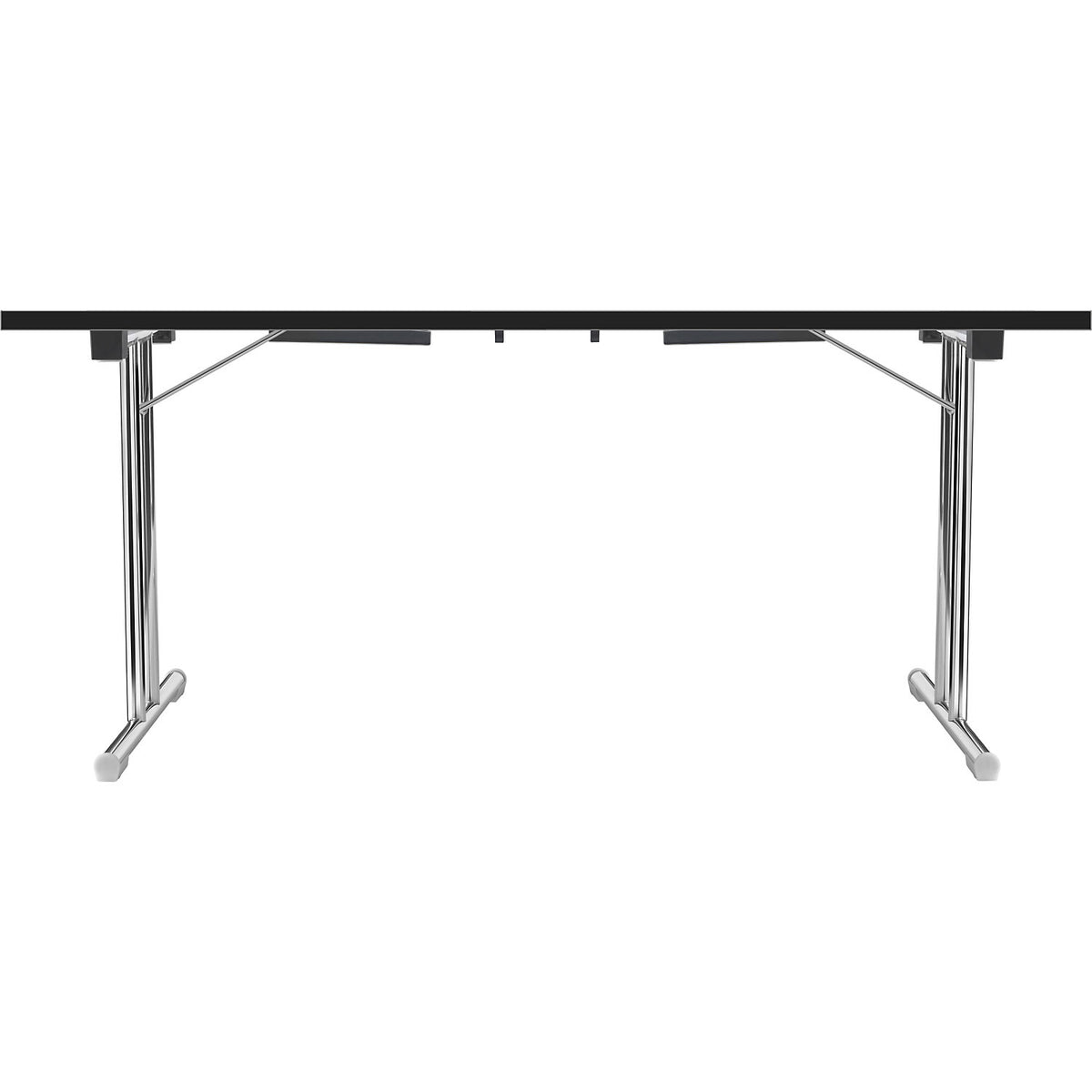 Folding table with double T base, tubular steel frame, chrome plated, white/black, WxD 1400 x 700 mm.