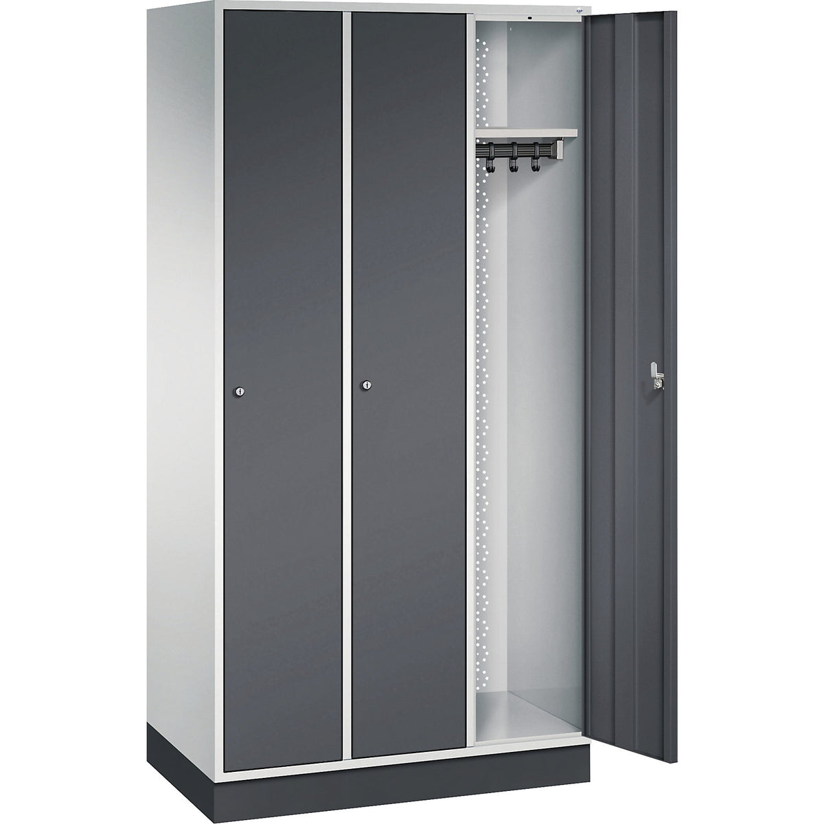 Intro clothes locker, width 920 mm, 3 compartments, light grey body, black grey doors.