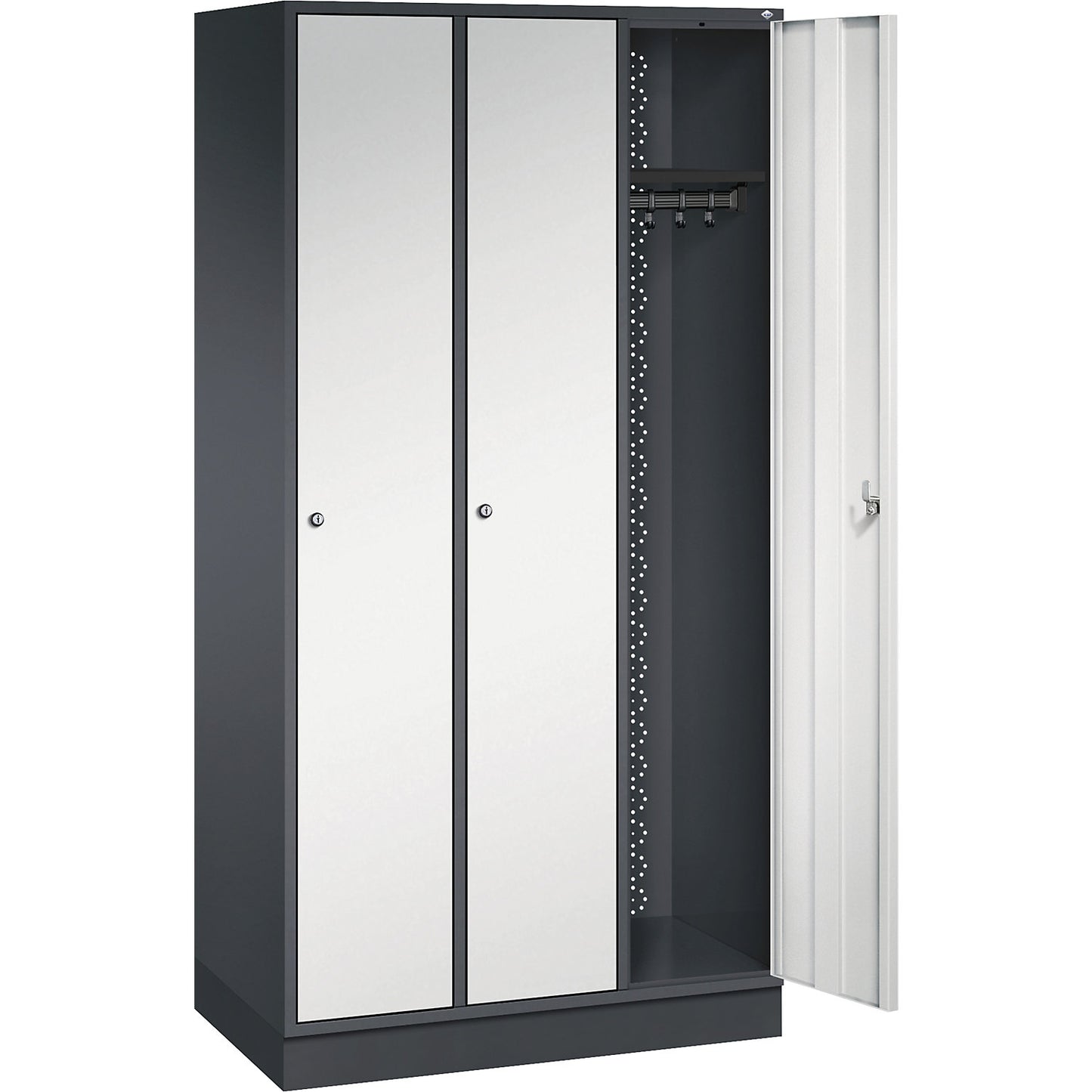 Intro clothes locker, width 920 mm, 3 compartments, black grey body, light grey doors.