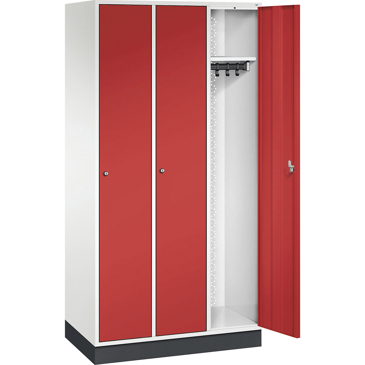 Intro clothes locker, width 920 mm, 3 compartments, pure white body, flame red doors.