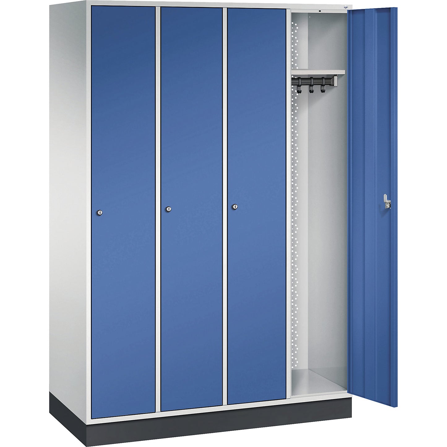 Intro clothes locker, width 1220 mm, 4 compartments, light grey body, gentian blue doors.