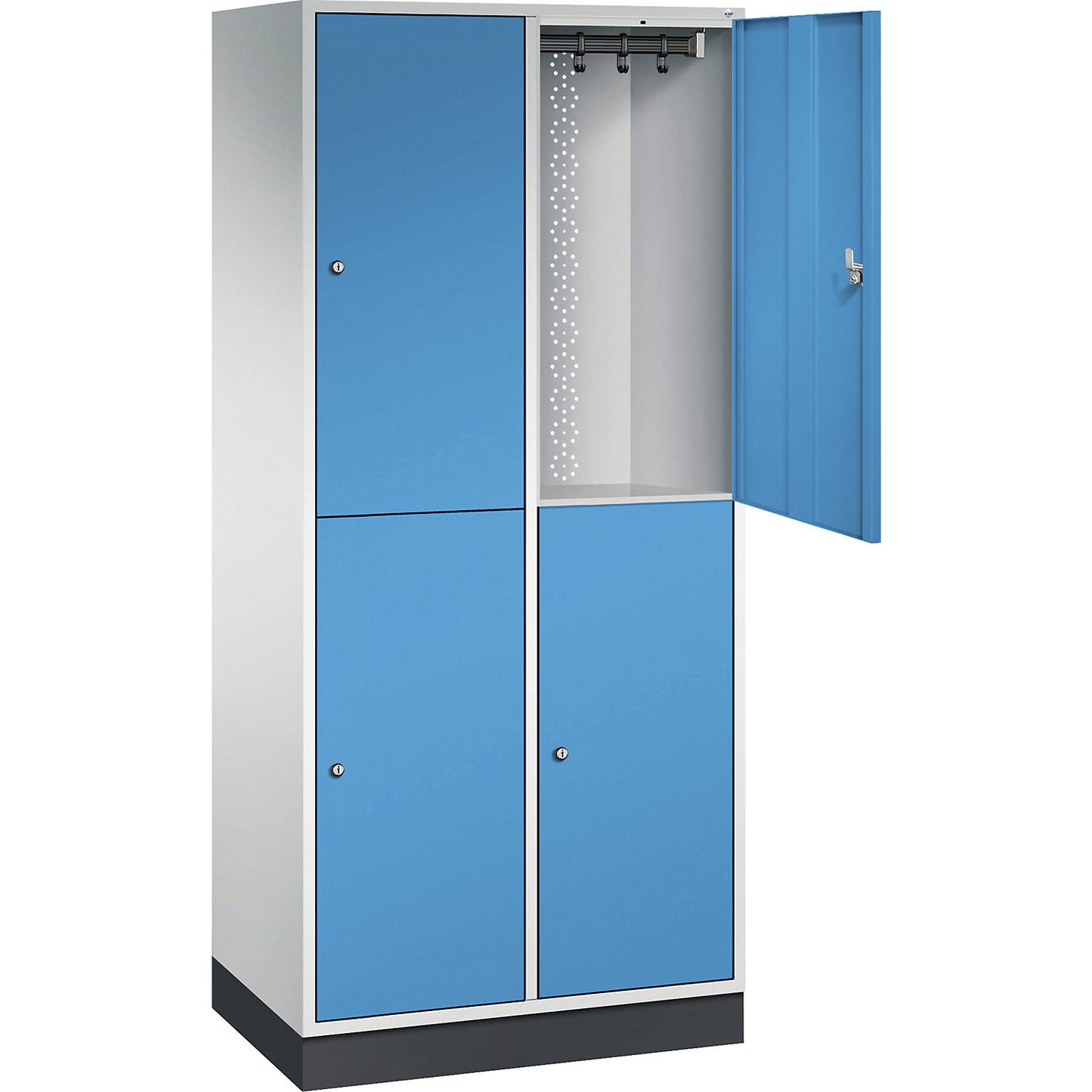 Intro double deck clothes lockers, 2 compartments, light grey / light blue, WxD 820 x 500 mm.