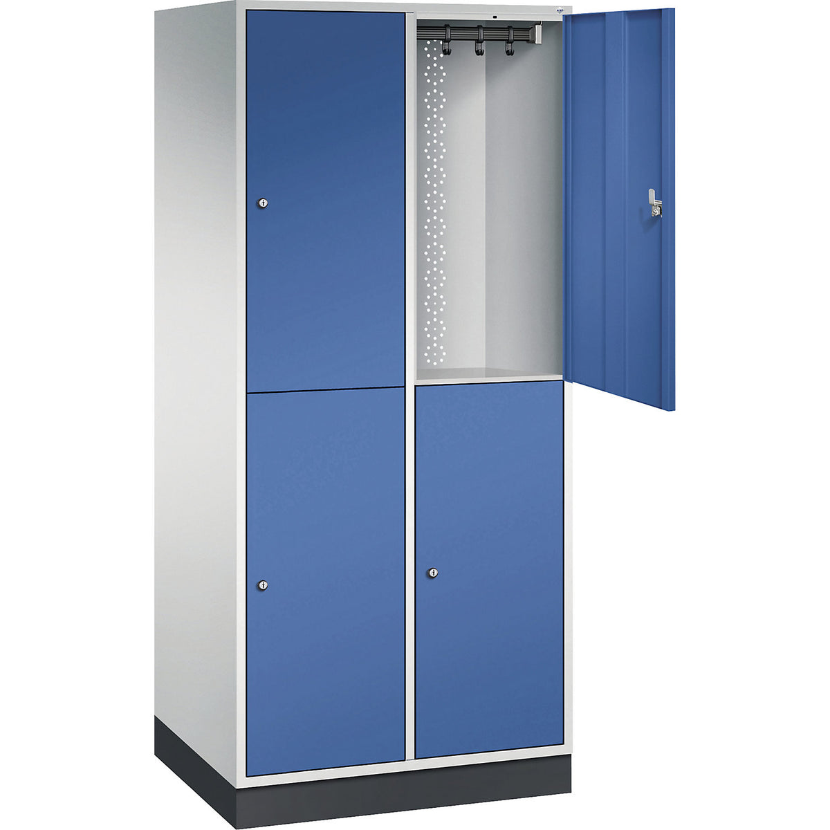 Intro double deck clothes lockers, 2 compartments, light grey / gentian blue, WxD 820 x 600 mm.