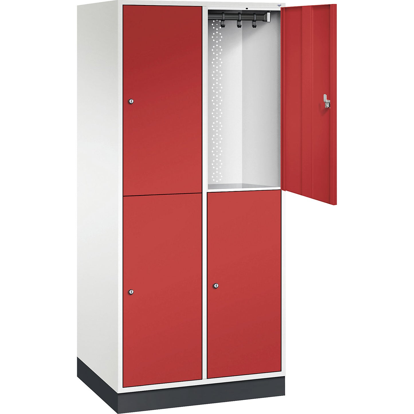 Intro double deck clothes lockers, 2 compartments, pure white / flame red, WxD 820 x 600 mm.