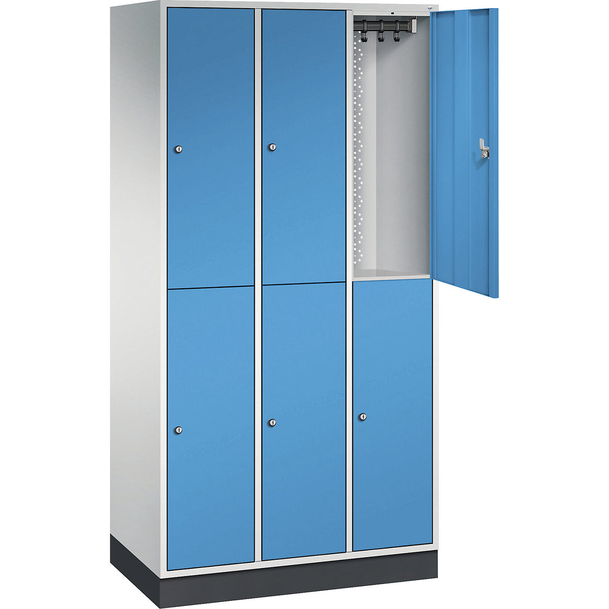Intro double deck clothes lockers, 3 compartments, light grey / light blue, WxD 920 x 500 mm.
