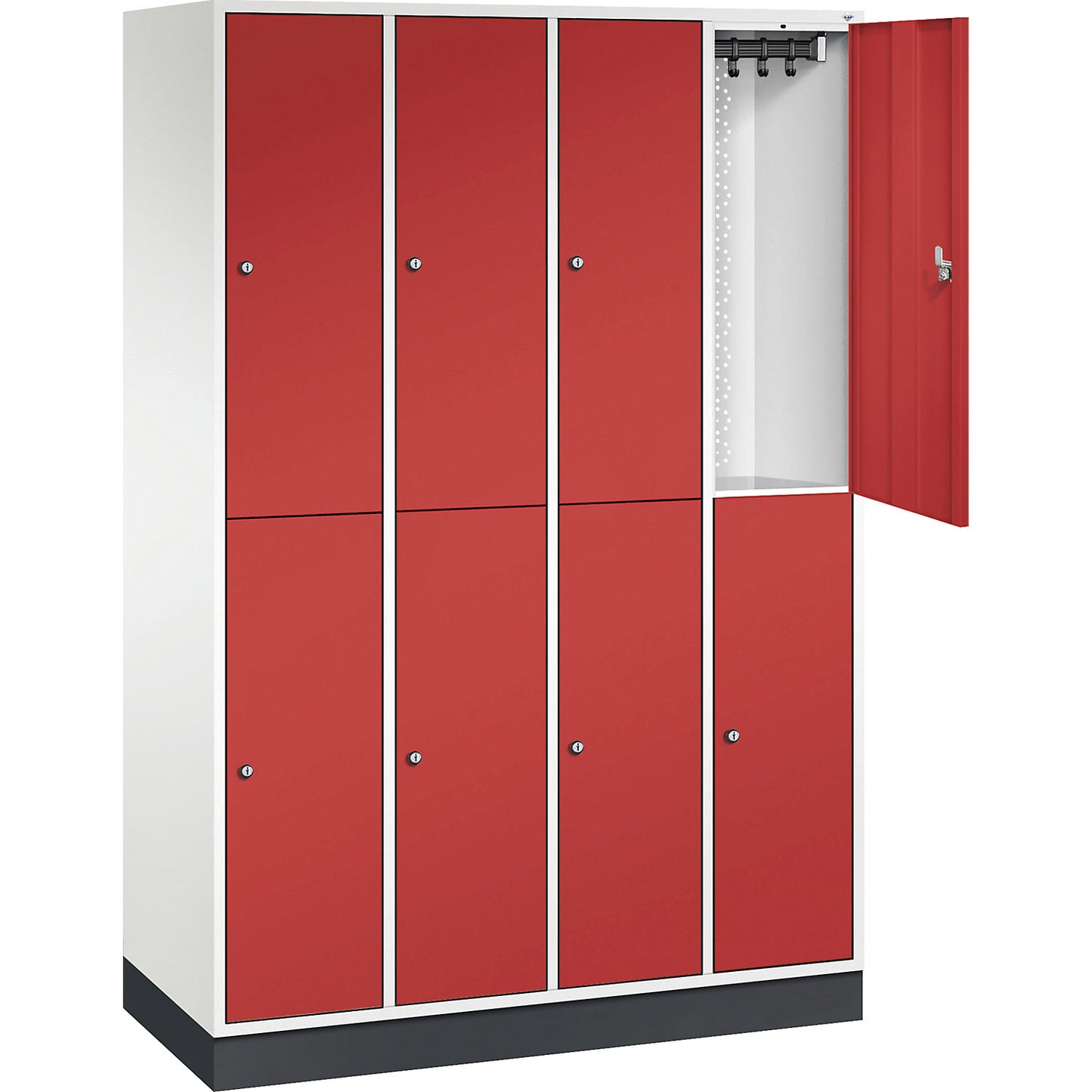 Intro double deck clothes lockers, 4 compartments, pure white / flame red, WxD 1220 x 500 mm.