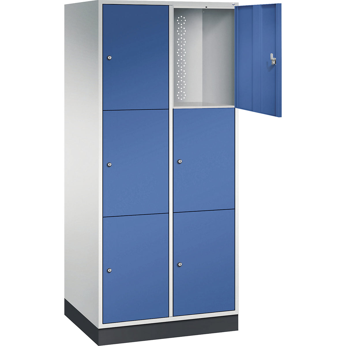 Intro 3-fold compartment locker, 2 compartments, light grey / gentian blue, WxD 820 x 600 mm.