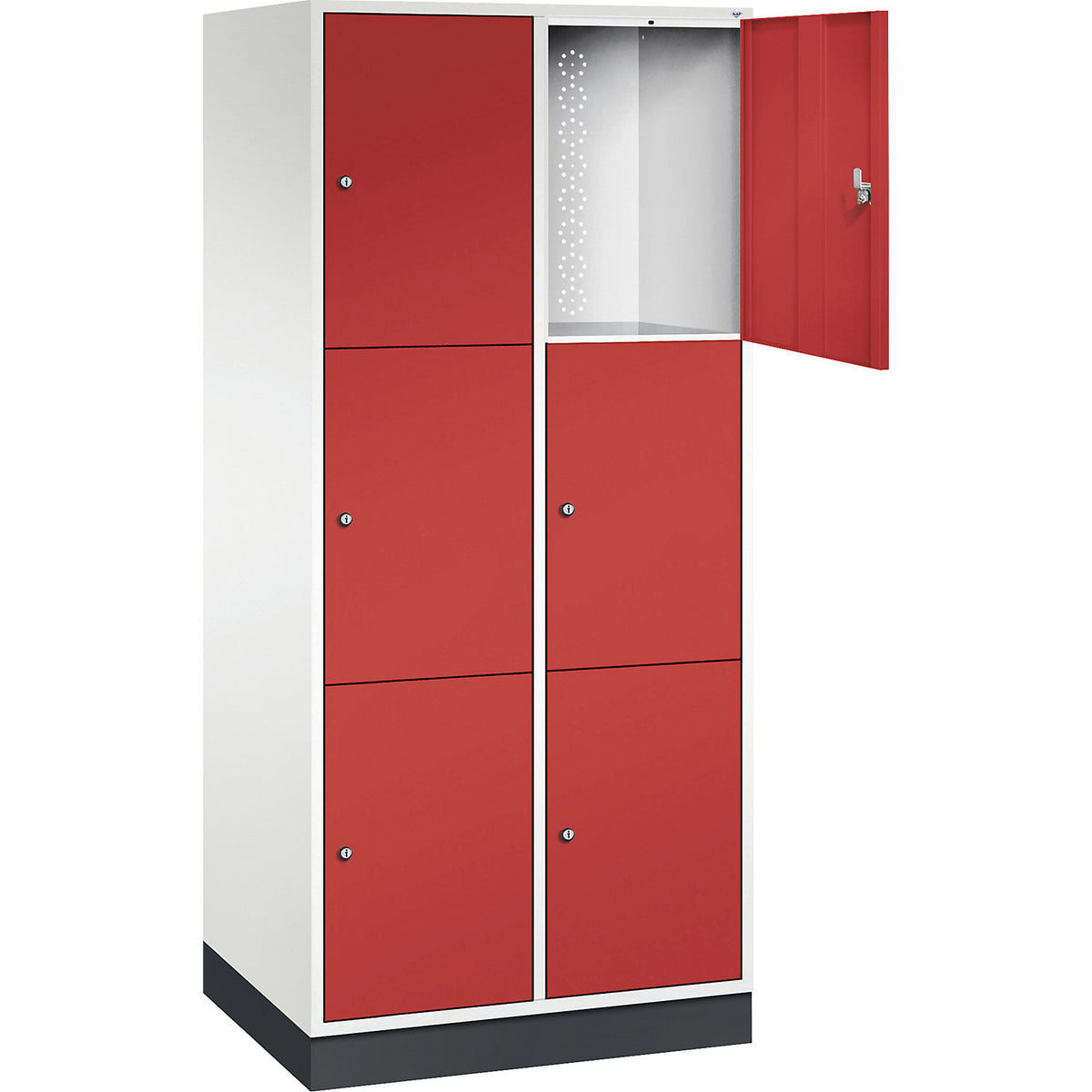 Intro 3-fold compartment locker, 2 compartments, pure white / flame red, WxD 820 x 600 mm.