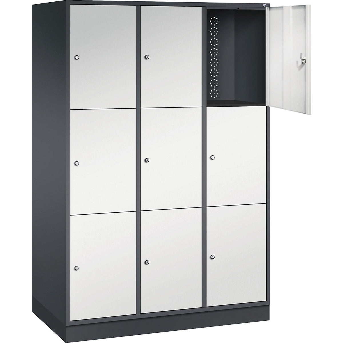 Intro 3-fold compartment locker, 3 compartments, black grey / light grey, WxD 1220 x 600 mm.