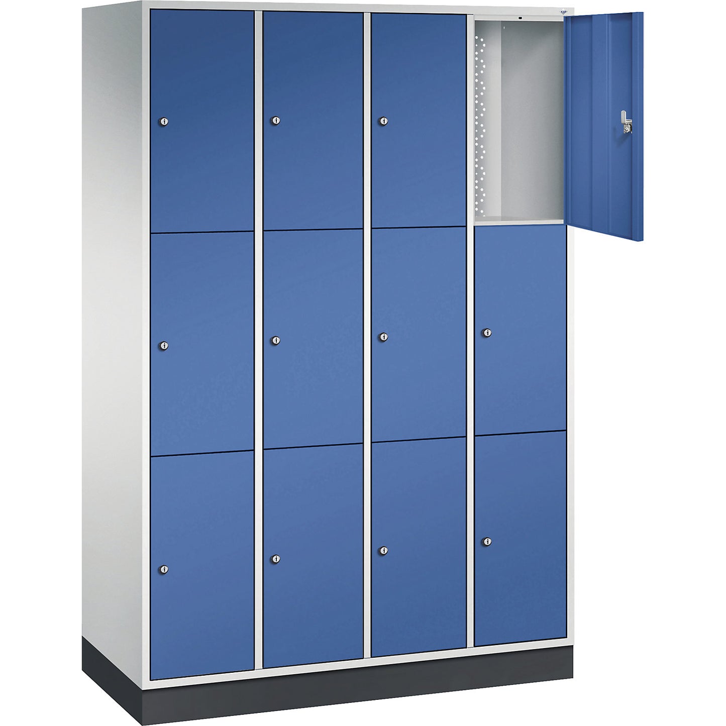 Intro 3-fold compartment locker, 4 compartments, light grey / gentian blue, WxD 1220 x 500 mm.