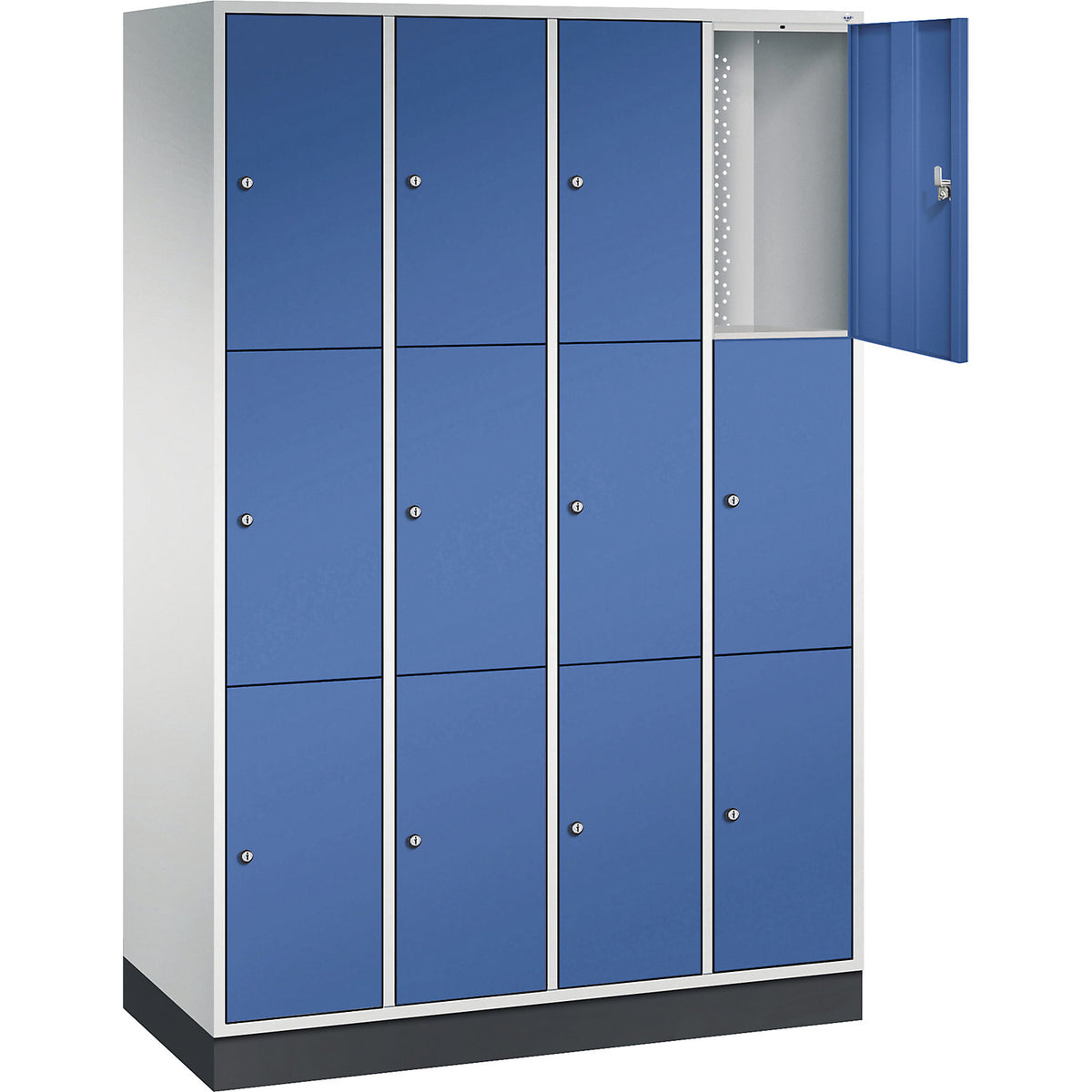 Intro 3-fold compartment locker, 4 compartments, light grey / gentian blue, WxD 1220 x 500 mm.