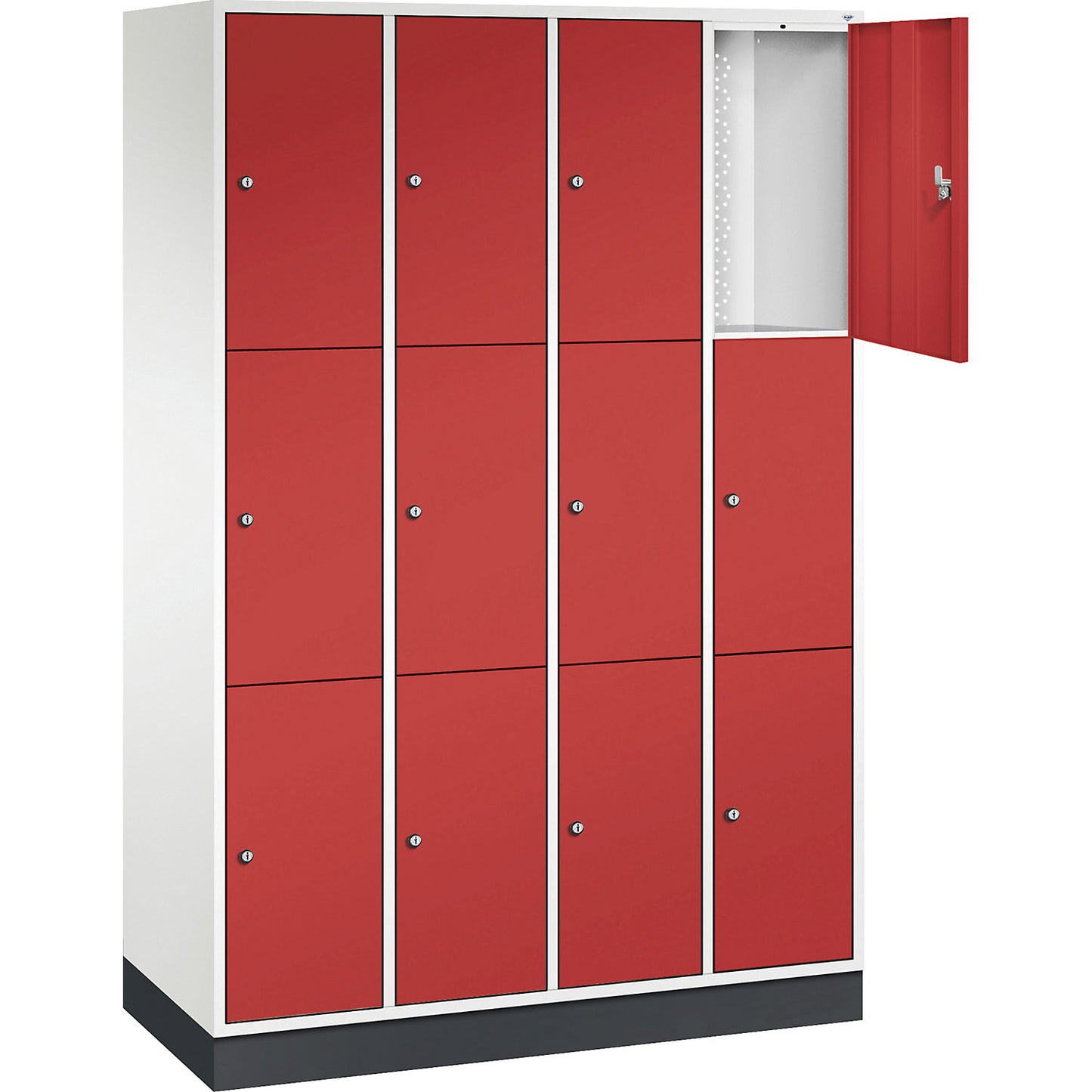 Intro 3-fold compartment locker, 4 compartments, pure white / flame red, WxD 1220 x 500 mm.