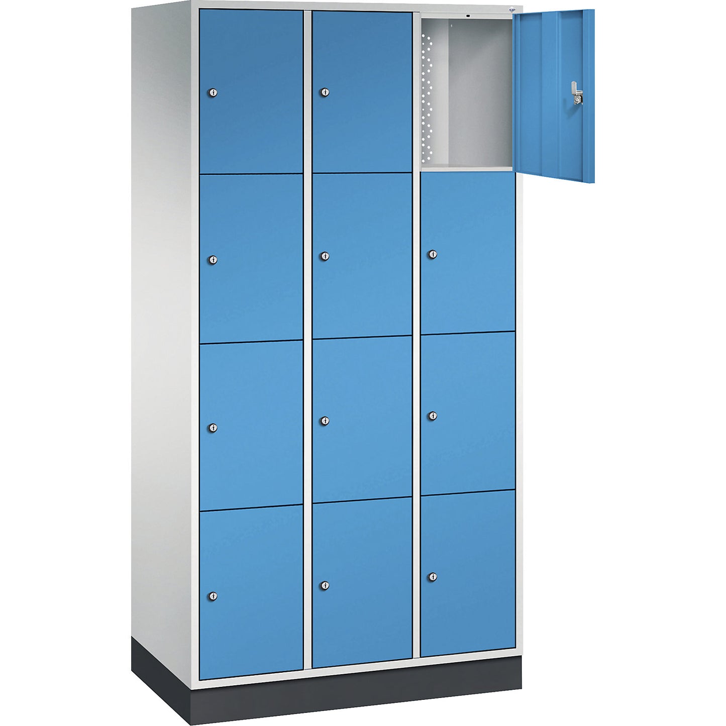 Intro 4-fold compartment locker, 3 compartments, light grey / light blue, WxD 920 x 500 mm.