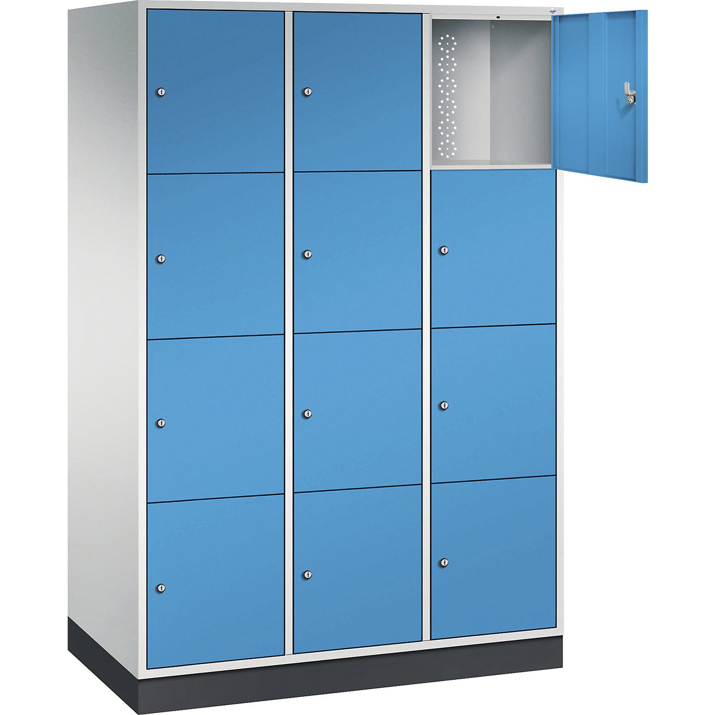Intro 4-fold compartment locker, 3 compartments, light grey / light blue, WxD 1220 x 600 mm.
