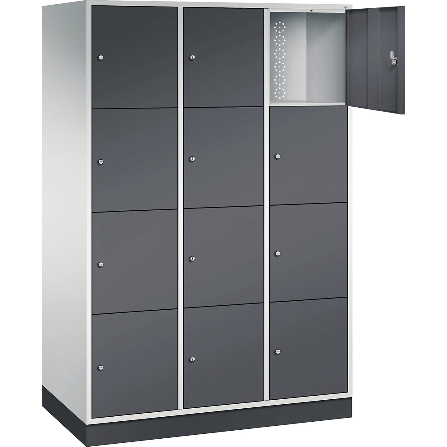 Intro 4-fold compartment locker, 3 compartments, light grey / black grey, WxD 1220 x 600 mm.