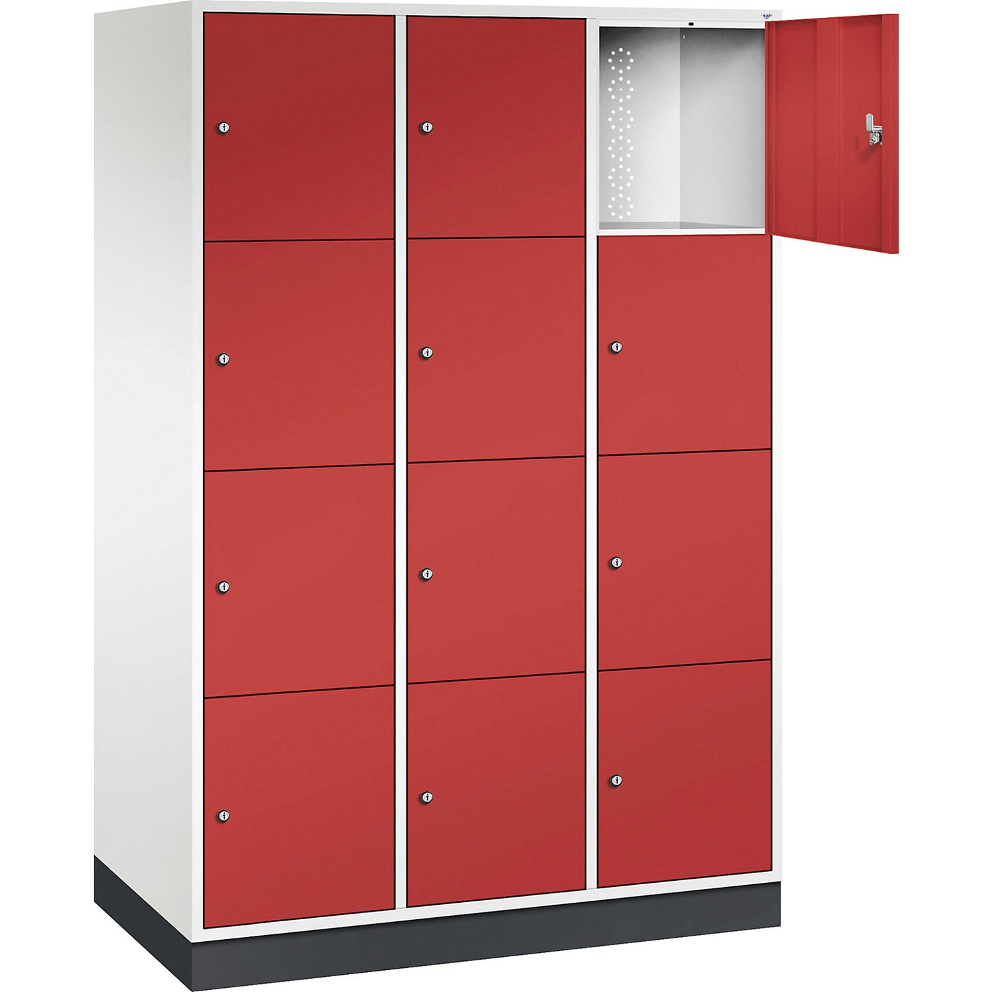 Intro 4-fold compartment locker, 3 compartments, pure white / flame red, WxD 1220 x 600 mm.