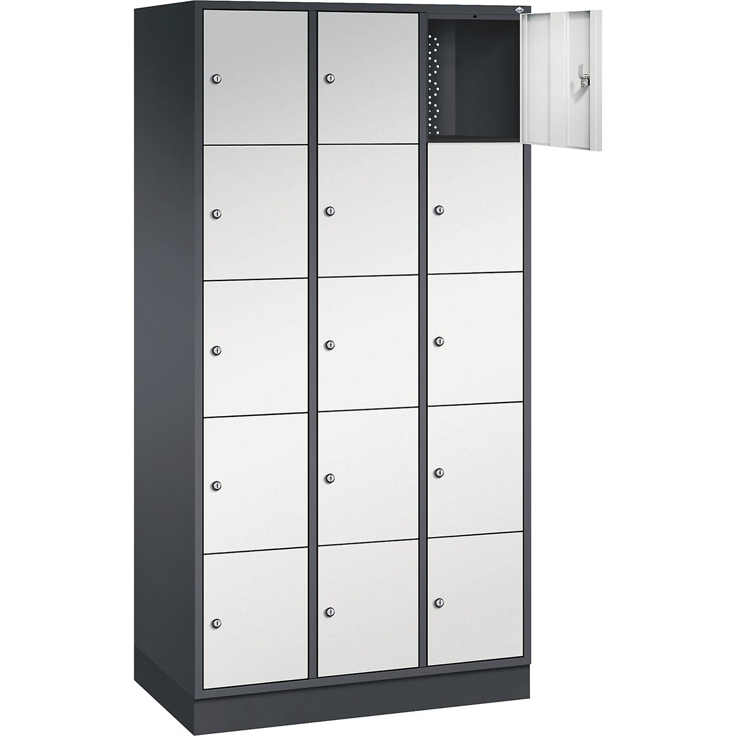 Intro 5-fold compartment locker, 3 compartments, black grey / light grey, WxD 920 x 500 mm.