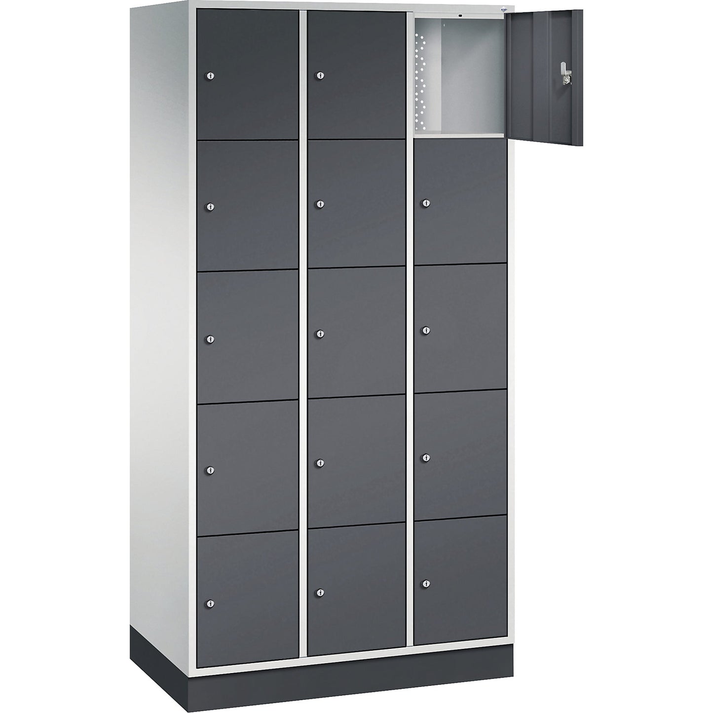 Intro 5-fold compartment locker, 3 compartments, light grey / black grey, WxD 920 x 500 mm.