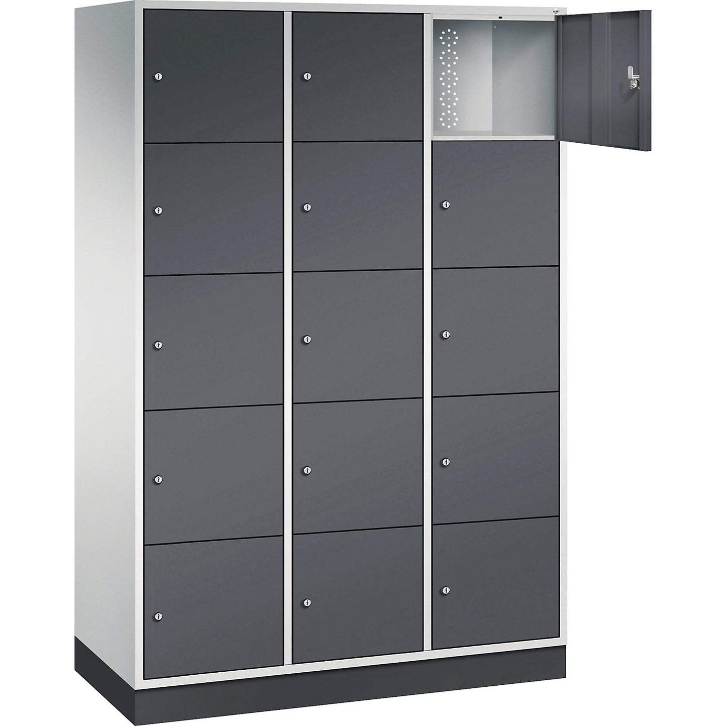 Intro 5-fold compartment locker, 3 compartments, light grey / black grey, WxD 1220 x 500 mm.