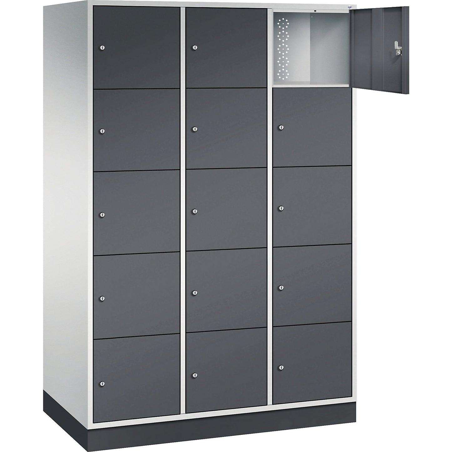 Intro 5-fold compartment locker, 3 compartments, light grey / black grey, WxD 1220 x 600 mm.