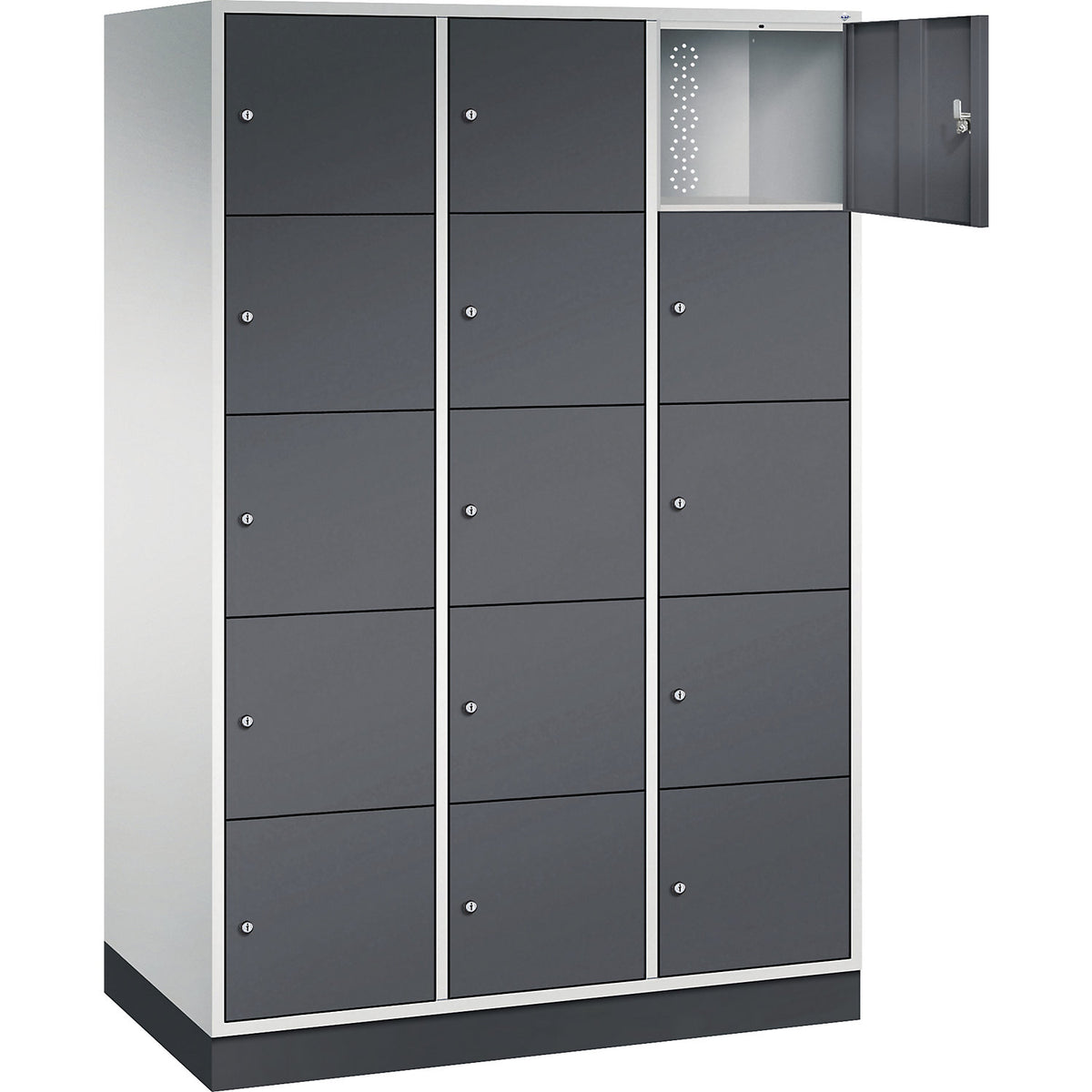 Intro 5-fold compartment locker, 3 compartments, light grey / black grey, WxD 1220 x 600 mm.