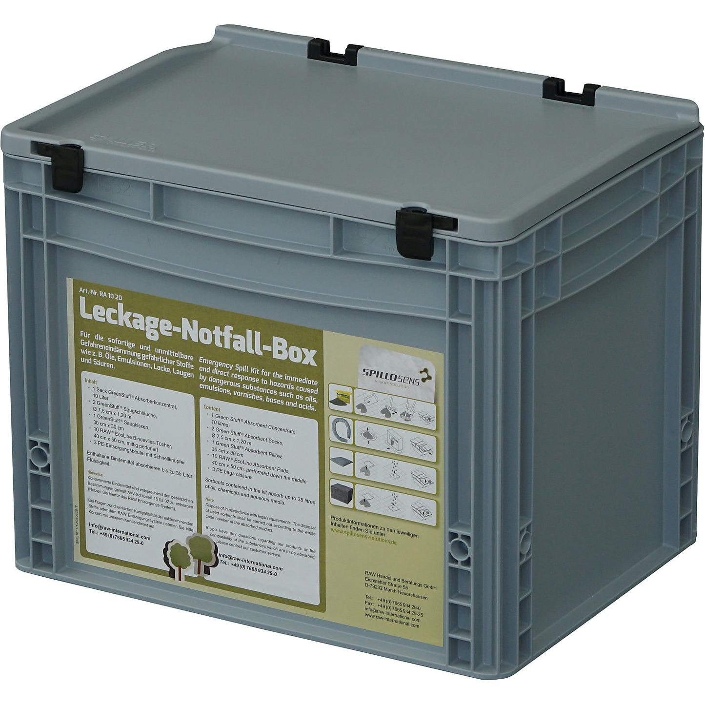 Spillage emergency set, absorbent concentrate, absorbent sheeting, absorbent socks, absorbent cushion, disposal bag.