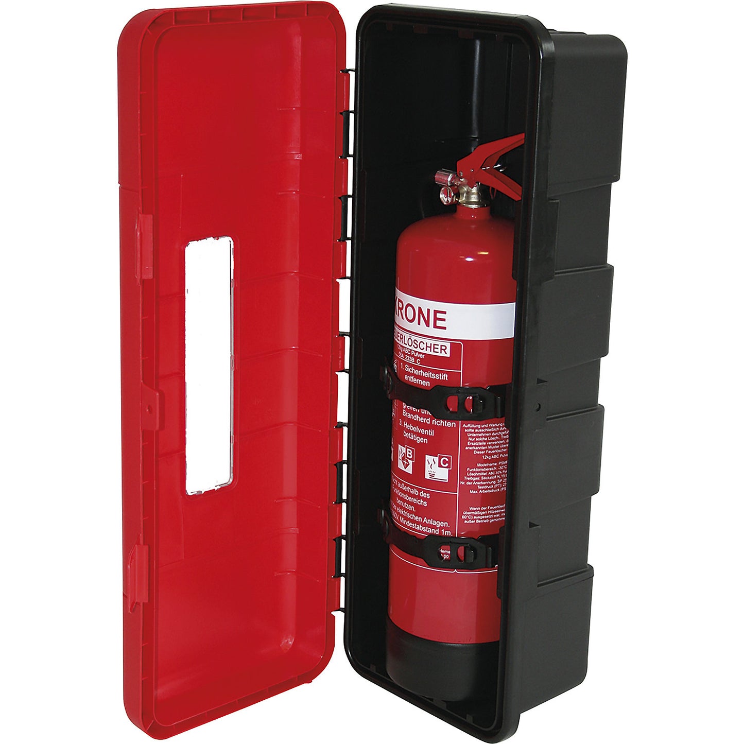 Fire extinguisher box, black/red, for extinguisher 9 kg, H x W x D 670 x 310 x 240 mm.