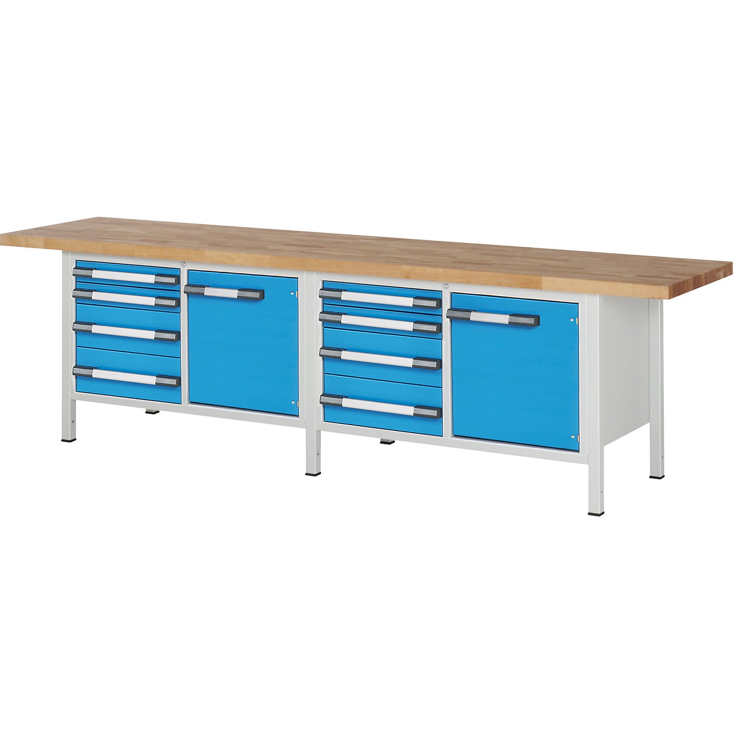 Workbench, Series 8000 frame construction, 8 drawers: 4 x 90, 4 x 180 mm, 2 doors 540 mm, WxD 3000 x 700 mm.