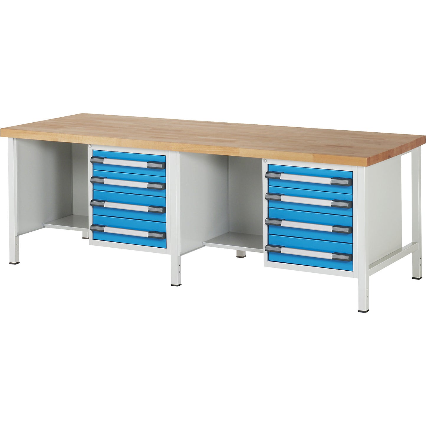 Workbench, Series 8000 frame construction, 8 drawers: 4 x 120, 4 x 150 mm, extra wide, WxD 2500 x 900 mm.